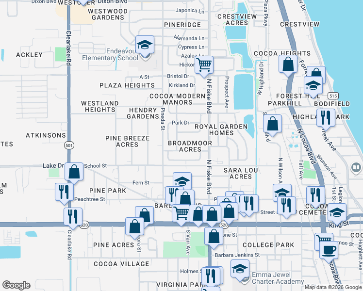map of restaurants, bars, coffee shops, grocery stores, and more near 1061 Bellefonte Avenue in Cocoa