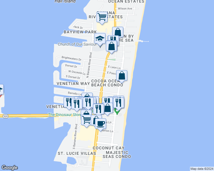 map of restaurants, bars, coffee shops, grocery stores, and more near 116 East Park Lane in Cocoa Beach