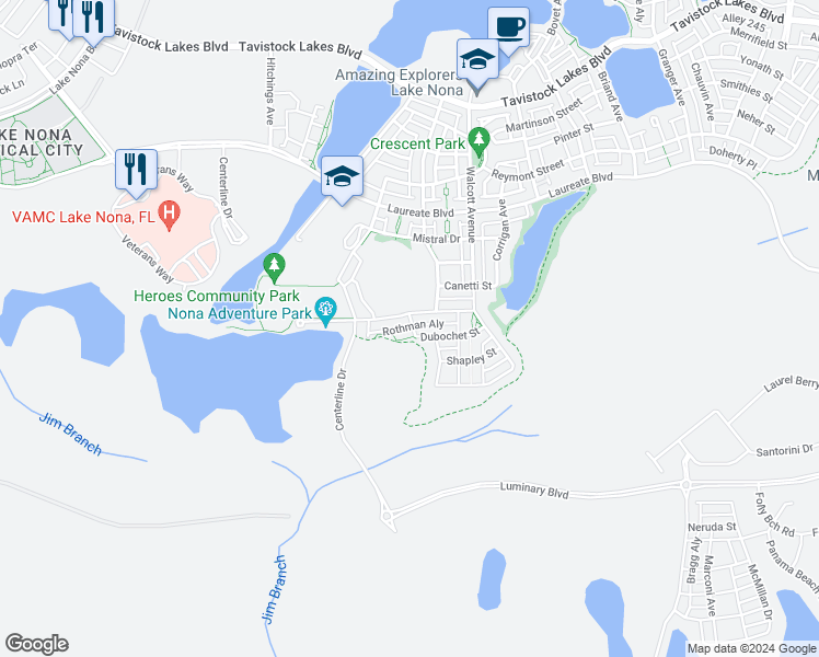 map of restaurants, bars, coffee shops, grocery stores, and more near 8382 Rothman Alley in Orlando
