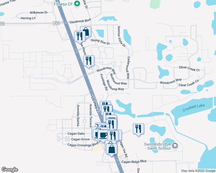 map of restaurants, bars, coffee shops, grocery stores, and more near 949 Woodsong Way in Clermont