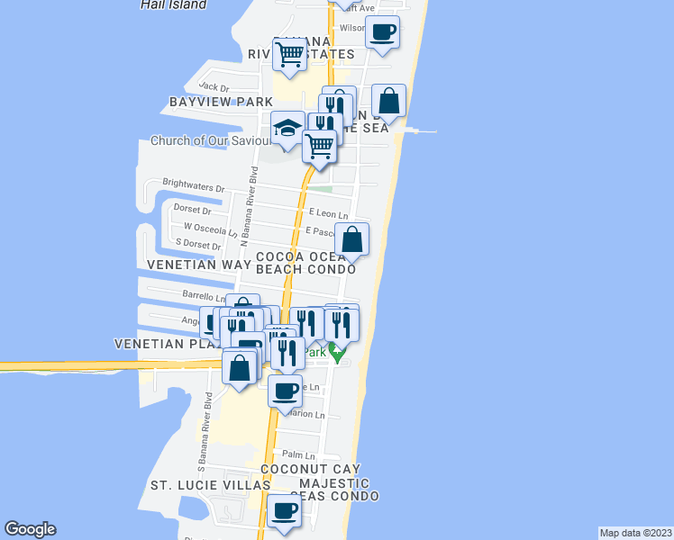 map of restaurants, bars, coffee shops, grocery stores, and more near 4705 Ocean Beach Boulevard in Cocoa Beach