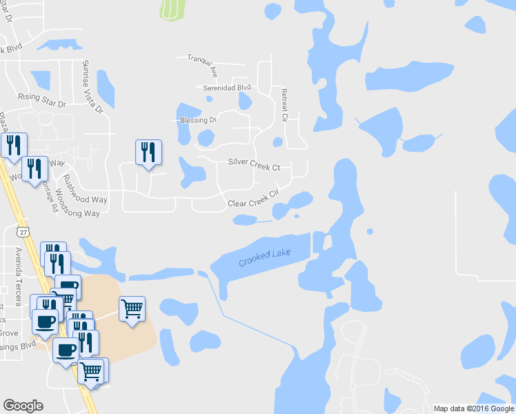 map of restaurants, bars, coffee shops, grocery stores, and more near 1015 Clear Creek Circle in Clermont
