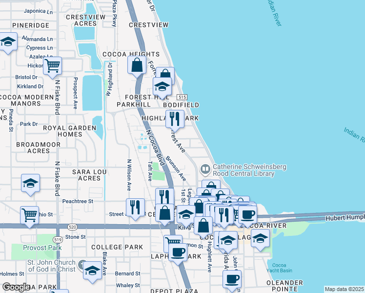 map of restaurants, bars, coffee shops, grocery stores, and more near 54 Parkway Street in Cocoa