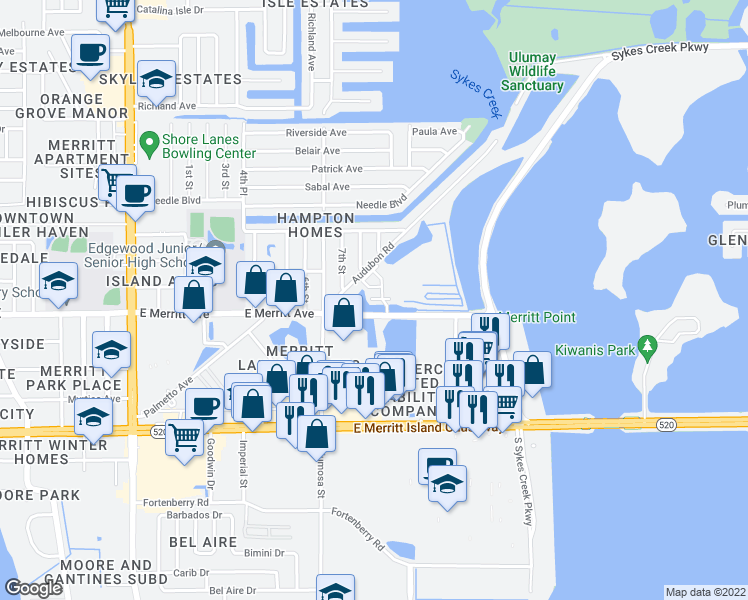 map of restaurants, bars, coffee shops, grocery stores, and more near 801 Del Rio Way in Merritt Island