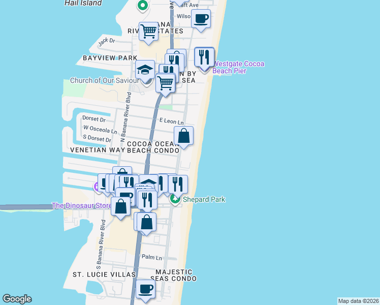 map of restaurants, bars, coffee shops, grocery stores, and more near 4700 Ocean Beach Boulevard in Cocoa Beach