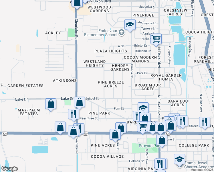 map of restaurants, bars, coffee shops, grocery stores, and more near 334 Palm Avenue in Cocoa