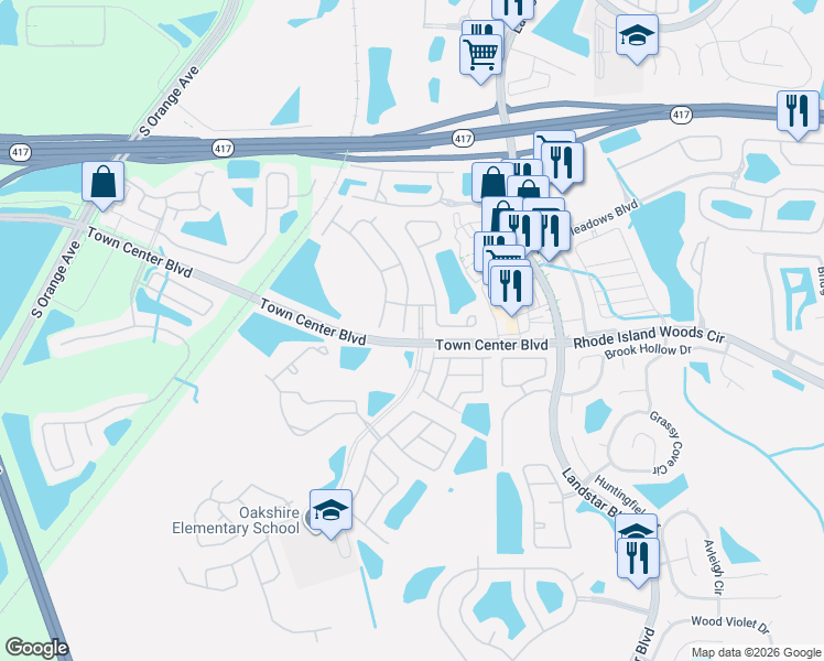 map of restaurants, bars, coffee shops, grocery stores, and more near 13427 Greenpointe Drive in Orlando