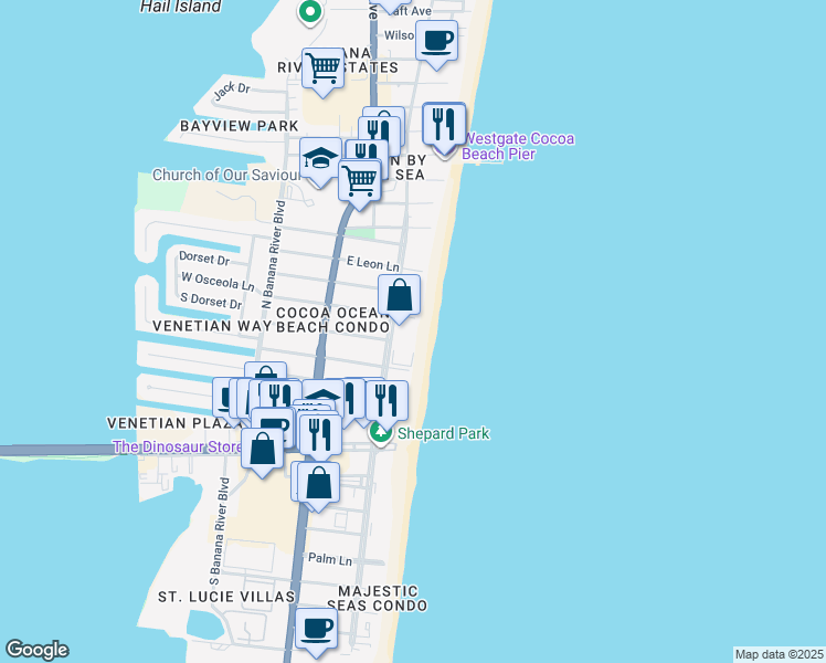 map of restaurants, bars, coffee shops, grocery stores, and more near 4700 Ocean Beach Boulevard in Cocoa Beach
