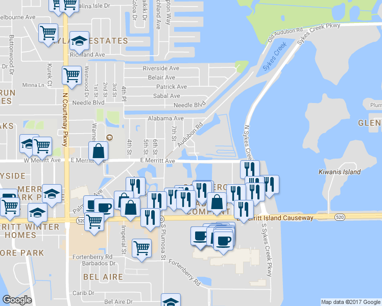 map of restaurants, bars, coffee shops, grocery stores, and more near 801 Del Rio Way in Merritt Island