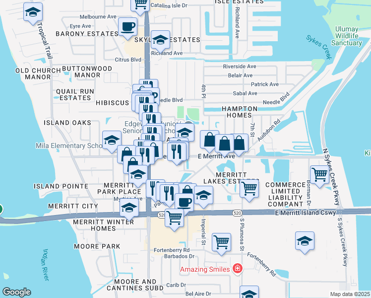 map of restaurants, bars, coffee shops, grocery stores, and more near 180 East Merritt Avenue in Merritt Island