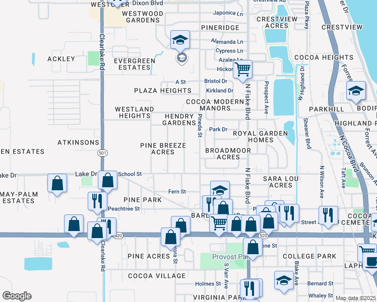 map of restaurants, bars, coffee shops, grocery stores, and more near 328 Bay Street in Cocoa