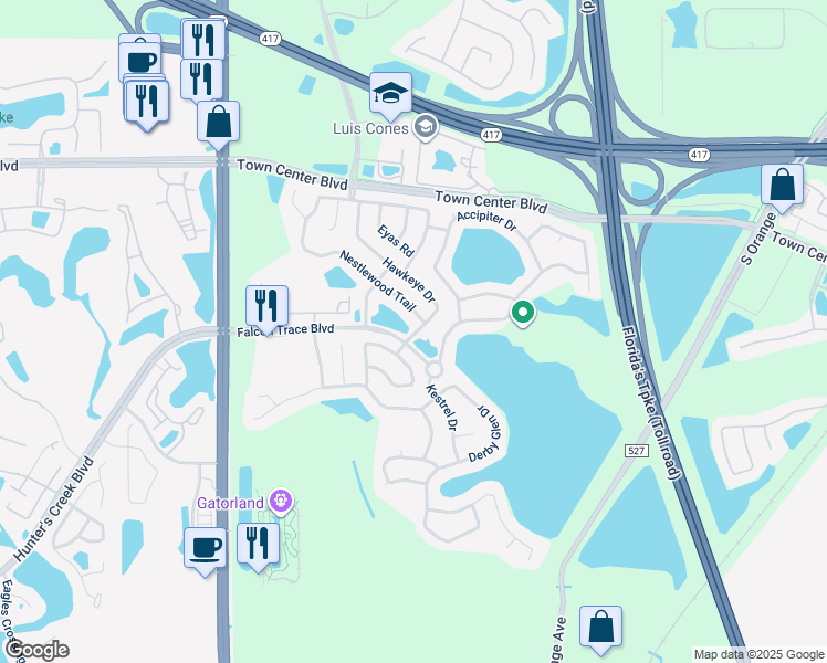 map of restaurants, bars, coffee shops, grocery stores, and more near 13900 Hawkeye Drive in Orlando
