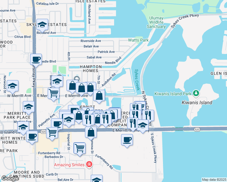 map of restaurants, bars, coffee shops, grocery stores, and more near 801 Del Rio Way in Merritt Island
