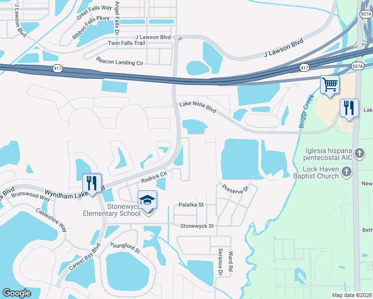 map of restaurants, bars, coffee shops, grocery stores, and more near 15090 Harrington Cove Drive in Orlando