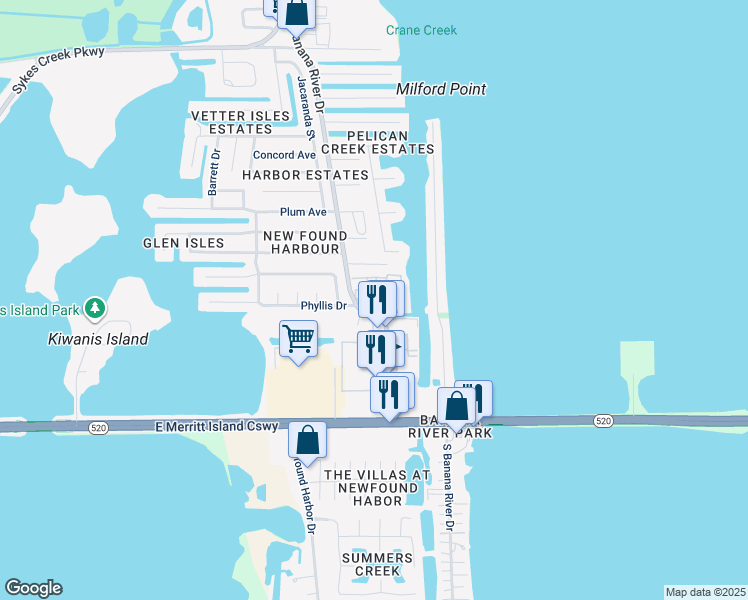 map of restaurants, bars, coffee shops, grocery stores, and more near 317 Mullett Avenue in Merritt Island