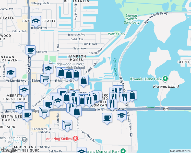 map of restaurants, bars, coffee shops, grocery stores, and more near 820 Del Rio Way in Merritt Island