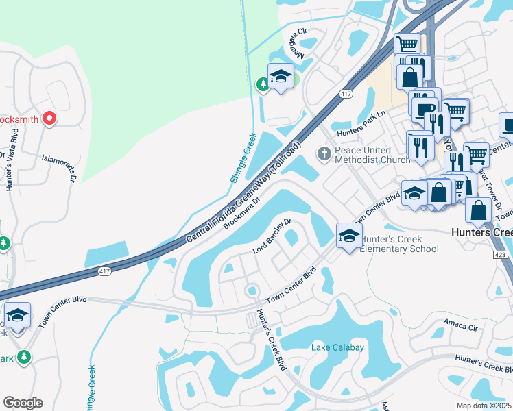 map of restaurants, bars, coffee shops, grocery stores, and more near 4018 Brookmyra Drive in Orlando