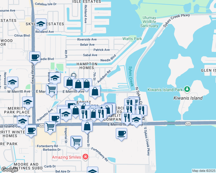 map of restaurants, bars, coffee shops, grocery stores, and more near 801 Del Rio Way in Merritt Island