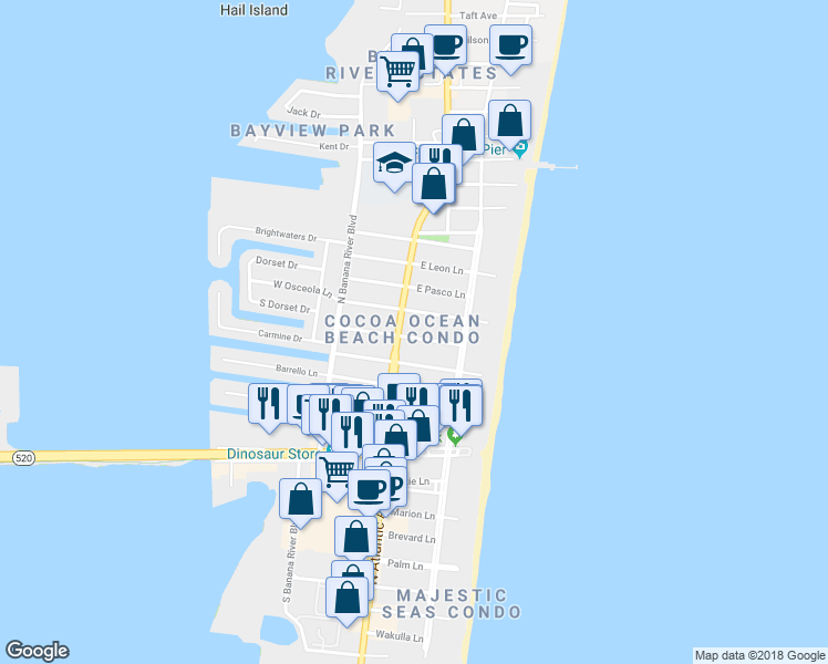 map of restaurants, bars, coffee shops, grocery stores, and more near 112 East Park Lane in Cocoa Beach