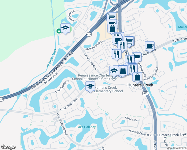 map of restaurants, bars, coffee shops, grocery stores, and more near 13916 Tallowridge Court in Orlando