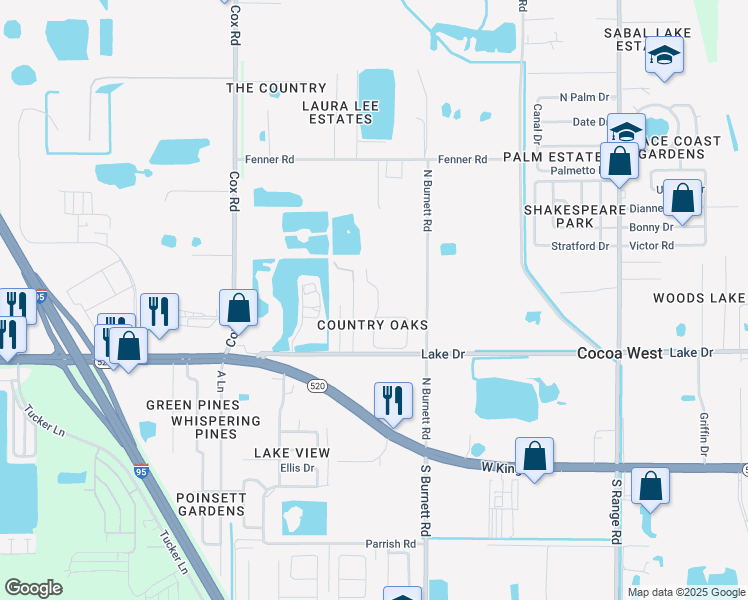 map of restaurants, bars, coffee shops, grocery stores, and more near 432 Carley Lane in Cocoa