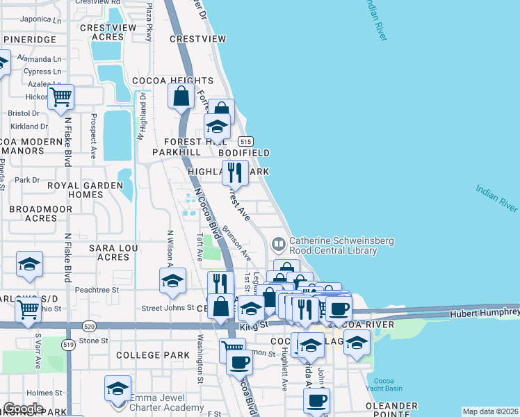 map of restaurants, bars, coffee shops, grocery stores, and more near 407 Indian River Drive in Cocoa