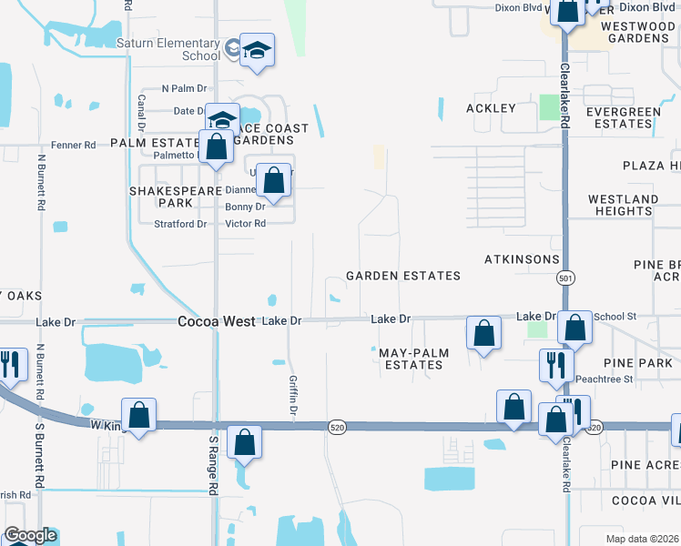 map of restaurants, bars, coffee shops, grocery stores, and more near 2150 Lake Drive in Cocoa