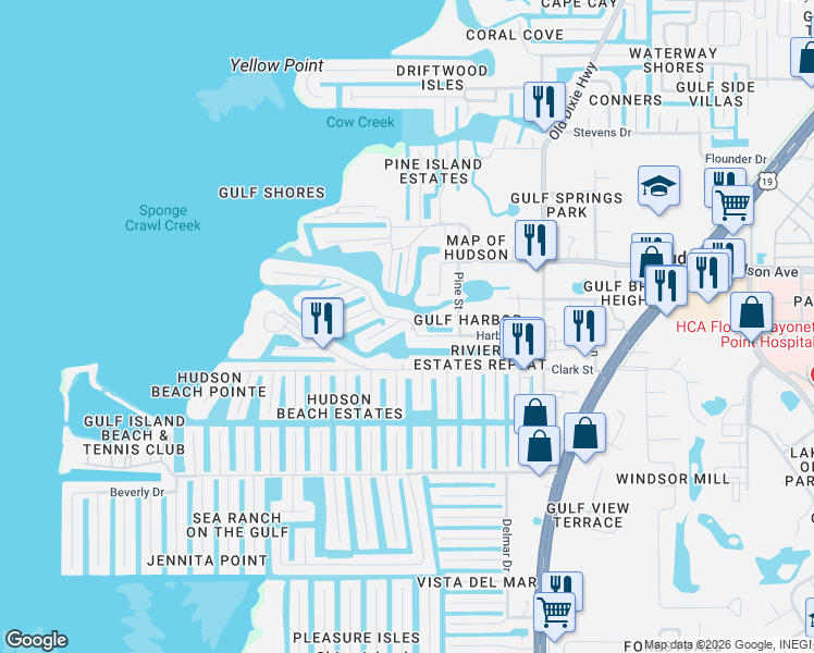map of restaurants, bars, coffee shops, grocery stores, and more near 6641 Harbor Drive in Hudson
