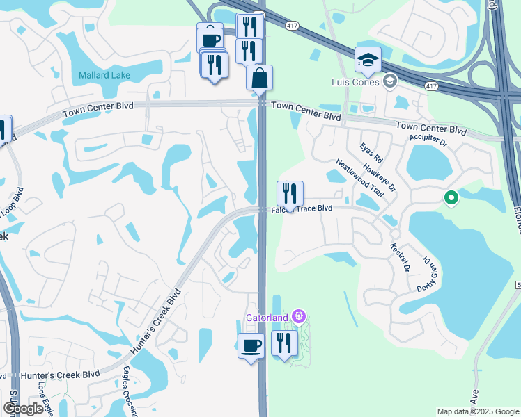 map of restaurants, bars, coffee shops, grocery stores, and more near S Orange Blossom Trail & Hunter's Creek Blvd in Hunters Creek