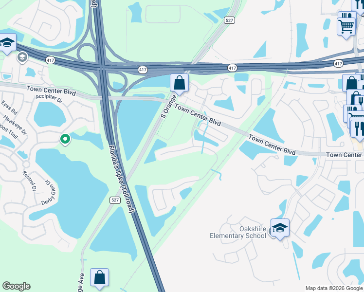 map of restaurants, bars, coffee shops, grocery stores, and more near 143 Windrose Drive in Orlando