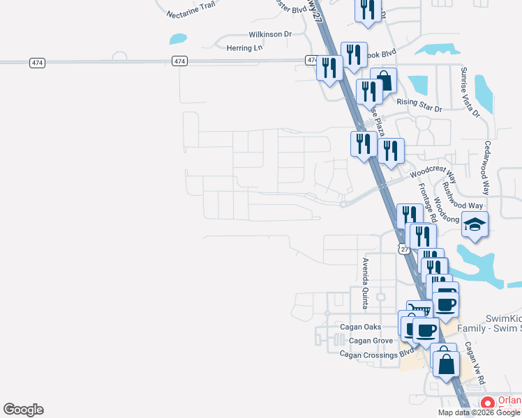 map of restaurants, bars, coffee shops, grocery stores, and more near 1105 U.S. 27 in Clermont