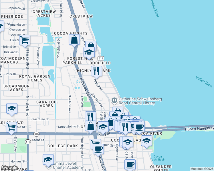 map of restaurants, bars, coffee shops, grocery stores, and more near 407 Indian River Drive in Cocoa