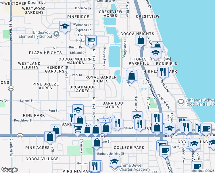 map of restaurants, bars, coffee shops, grocery stores, and more near 403 Edinburgh Drive in Cocoa