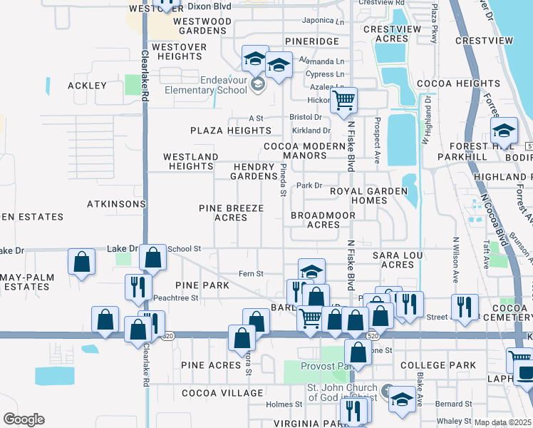map of restaurants, bars, coffee shops, grocery stores, and more near 328 Bay Avenue in Cocoa