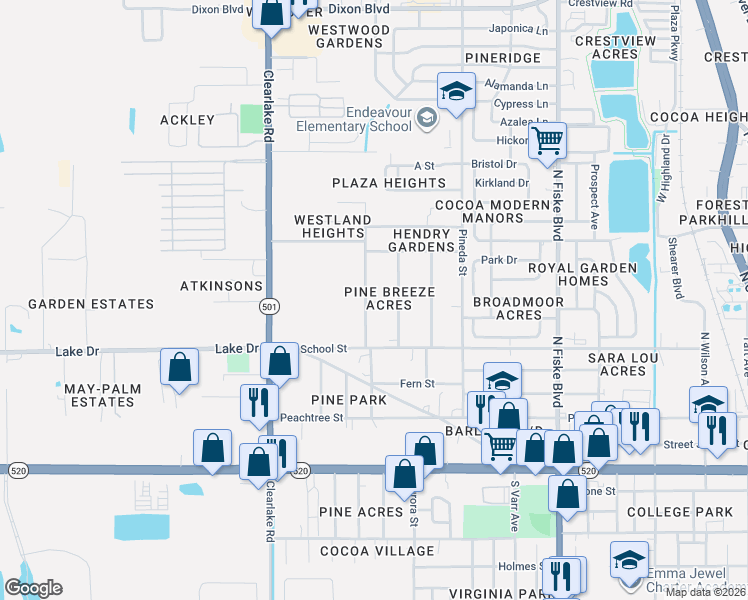 map of restaurants, bars, coffee shops, grocery stores, and more near 334 Palm Avenue in Cocoa