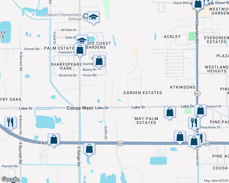 map of restaurants, bars, coffee shops, grocery stores, and more near 2150 Lake Drive in Cocoa