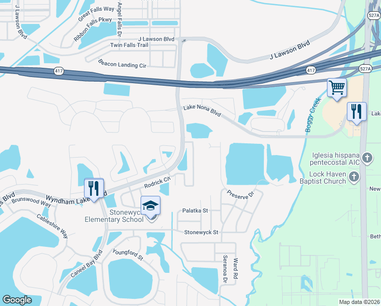 map of restaurants, bars, coffee shops, grocery stores, and more near 15090 Harrington Cove Drive in Orlando