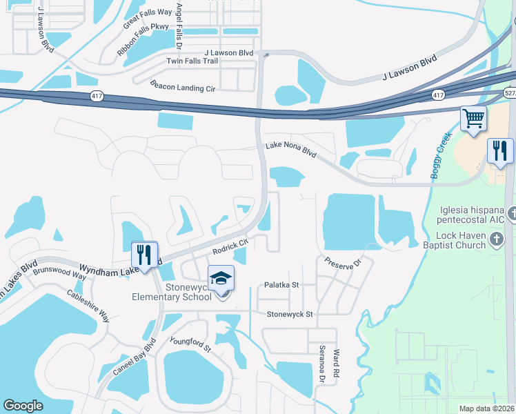 map of restaurants, bars, coffee shops, grocery stores, and more near 2970 Rodrick Circle in Orlando