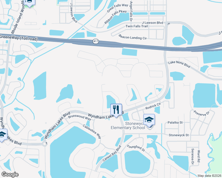 map of restaurants, bars, coffee shops, grocery stores, and more near 15124 Braywood Trail in Orlando