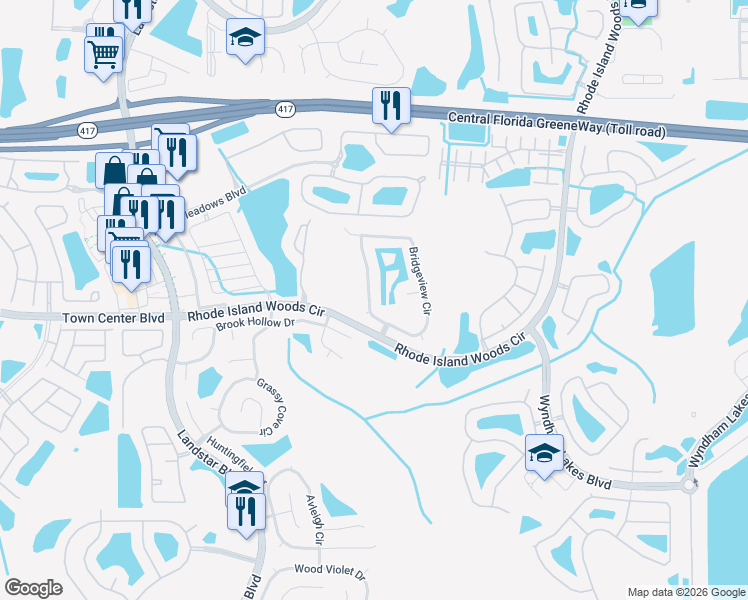 map of restaurants, bars, coffee shops, grocery stores, and more near 1714 Bridgeview Circle in Orlando