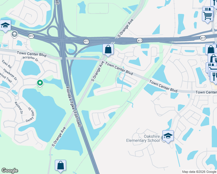 map of restaurants, bars, coffee shops, grocery stores, and more near 143 Windrose Drive in Orlando