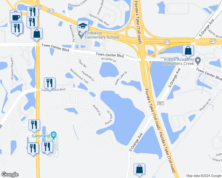 map of restaurants, bars, coffee shops, grocery stores, and more near 13725 Hawk Lake Drive in Orlando