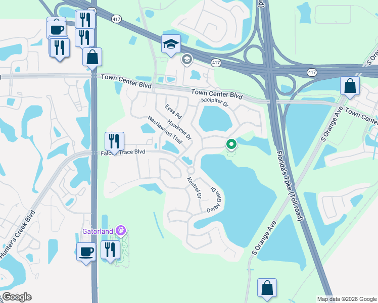map of restaurants, bars, coffee shops, grocery stores, and more near 13820 Hawk Lake Drive in Orlando