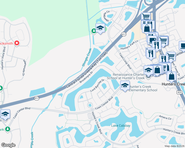 map of restaurants, bars, coffee shops, grocery stores, and more near 4018 Brookmyra Drive in Orlando