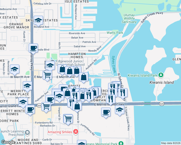 map of restaurants, bars, coffee shops, grocery stores, and more near 801 Del Rio Way in Merritt Island
