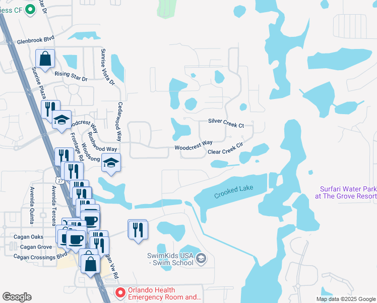 map of restaurants, bars, coffee shops, grocery stores, and more near 17220 Woodcrest Way in Clermont
