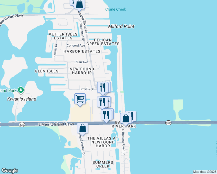 map of restaurants, bars, coffee shops, grocery stores, and more near 308 Waterfront Avenue in Merritt Island
