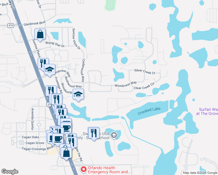 map of restaurants, bars, coffee shops, grocery stores, and more near 17124 Woodcrest Way in Clermont