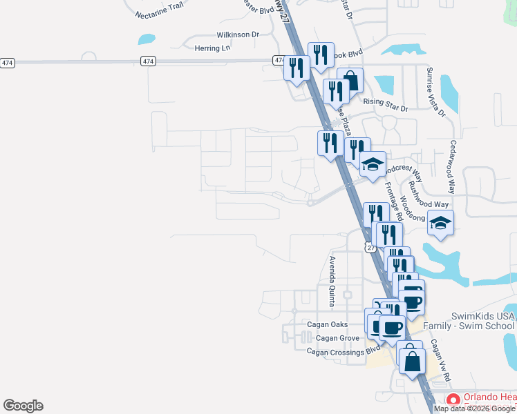 map of restaurants, bars, coffee shops, grocery stores, and more near 1105 U.S. 27 in Clermont