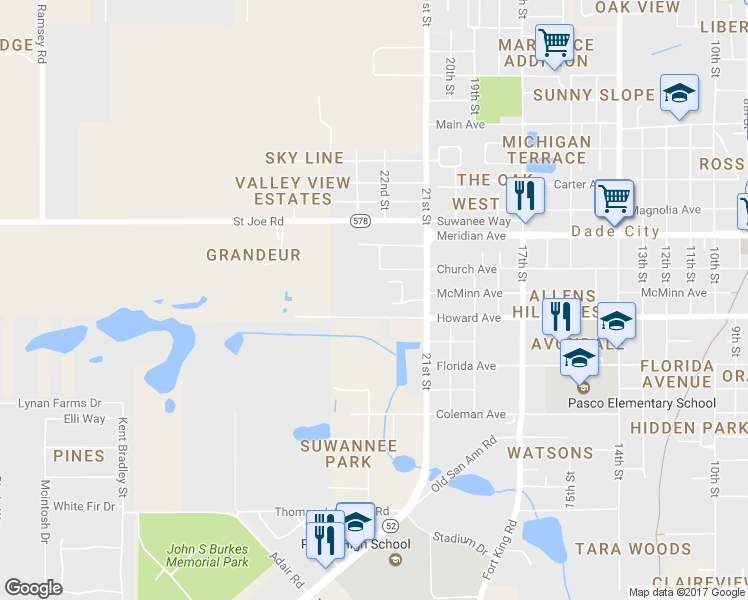 map of restaurants, bars, coffee shops, grocery stores, and more near 36841 Howard Avenue in Dade City